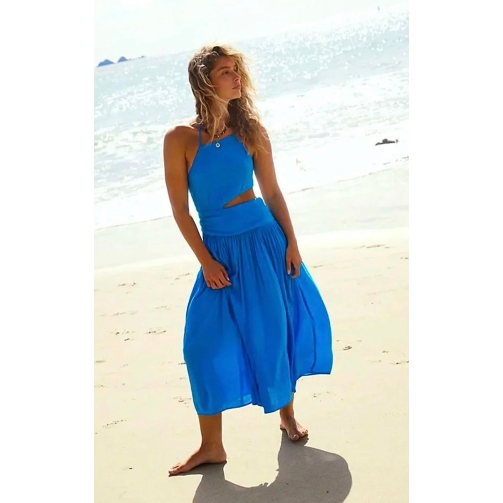 Free People Suki Midi Dress Blue‎ XL NWT Cutout Halter Boho Resort Vacation